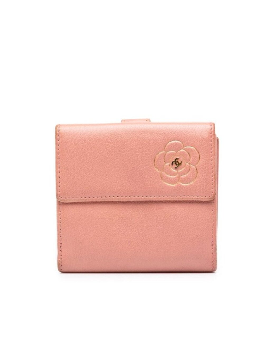 Chanel CC Logo Camellia Bifold Wallet Pink Gold Leather